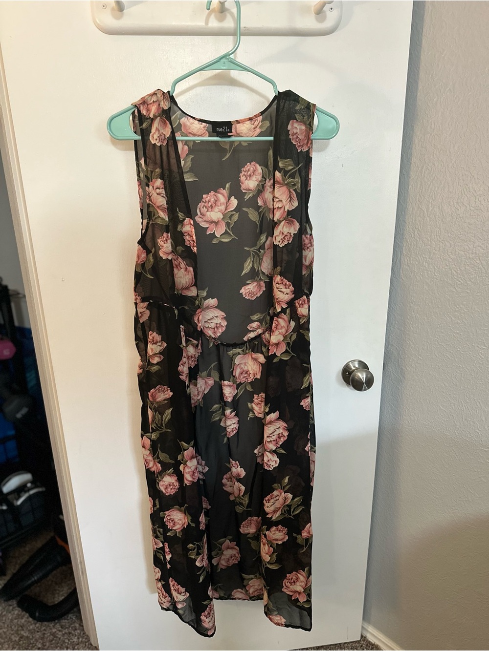 Rue21 Black Sheer Floral Duster with Pink Roses
